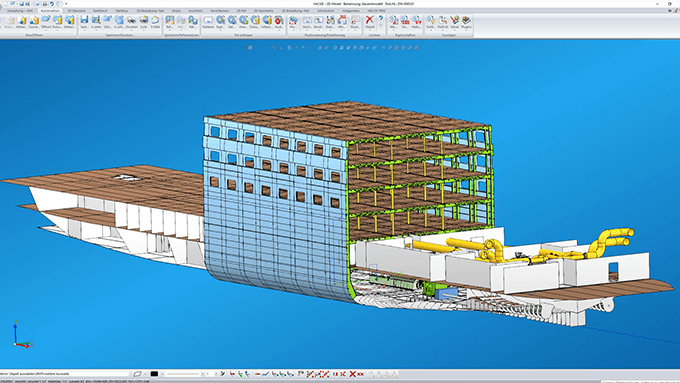 The engineering office covers a wide range of tasks: from the development of offshore constructions to the functional elaboration of pipe systems as well as new shipbuilding and conversion constructions, as can be seen in the example of the HiCAD model.