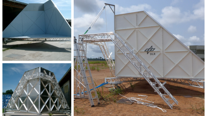 Georg Linder designed a radar reflector with HiCAD so that DLR could determine the condition of the rainforest. The radar reflector, weighing 1000 kg, consists of three smooth, metallic conductive aluminium plates standing vertically on top of each other.